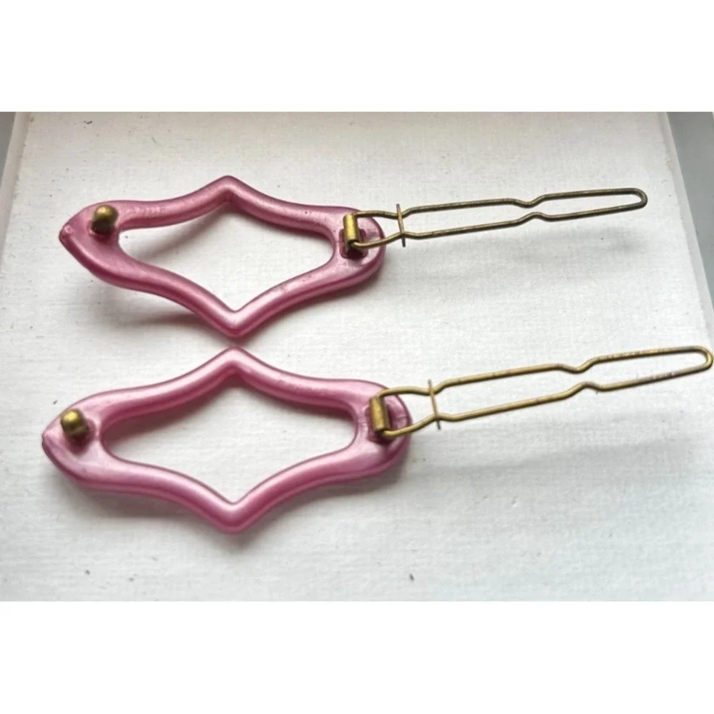 Vintage France Mauve Diamond Hair Clips Pair 1970s Geometric Mod Barrette As Is